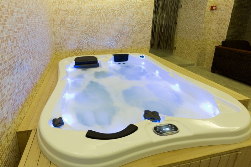 Spa-style soaking tub with ambient lighting